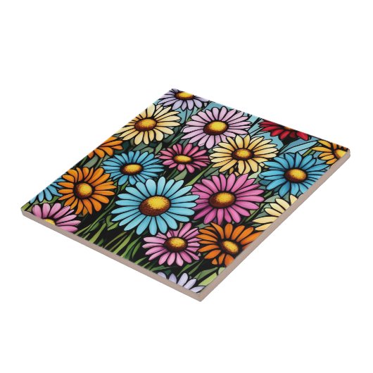 Bohemian Vibrant Daisies - Glas in lood Look Tegeltje (Zijkant)