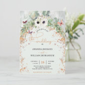 Bohemian weelderige groen boog gouden tuin bruilof kaart (Staand voorkant)