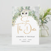 Bohemian weelderige groen boog zomer tuin goud save the date (Staand voorkant)