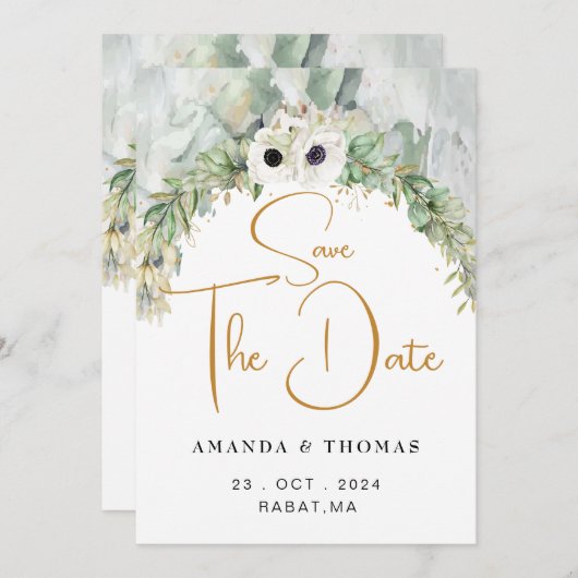 Bohemian weelderige groen boog zomer tuin goud save the date (Voorkant / Achterkant)