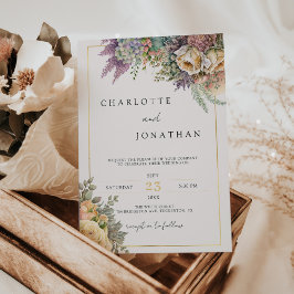 Bohemian Whimsical Wildbloemen & Gold Wedding Kaart