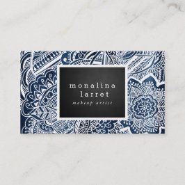 Bohemian White Hand Drawn Doodle Navy Blue Visitekaartje