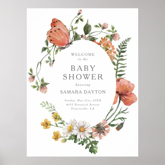 Bohemian Wildflower Butterfly Baby shower Welkom Poster (Voorkant)