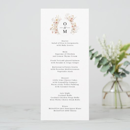 Bohemian Wildflower krans Monogram Bruiloft Menu (Staand voorkant)