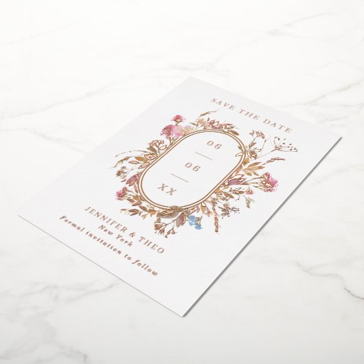 Bohemian Wildflower Pill Lijst Weddenfoto Save Folie Uitnodiging (Gedraaid)