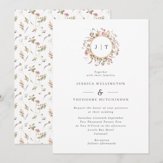 Bohemian Wildflower Wreater Monogram Wedding Kaart (Voorkant / Achterkant)