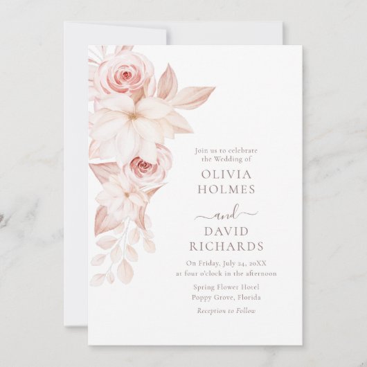 Bohemian Wit en Roze Rozen Bruiloft uitnodiging (Voorkant)
