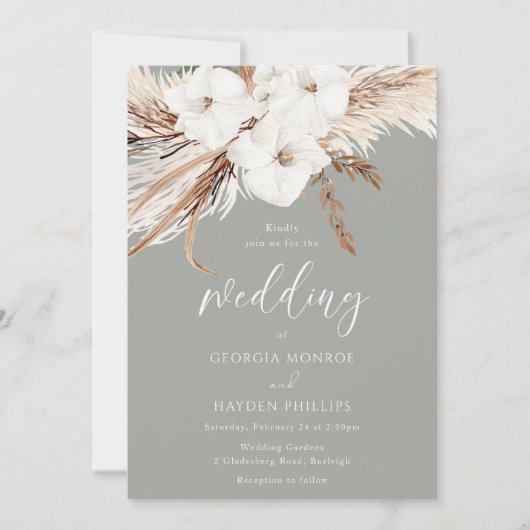 Bohemian Witte Bloemen Sage Groene Bruiloft Kaart (Voorkant)