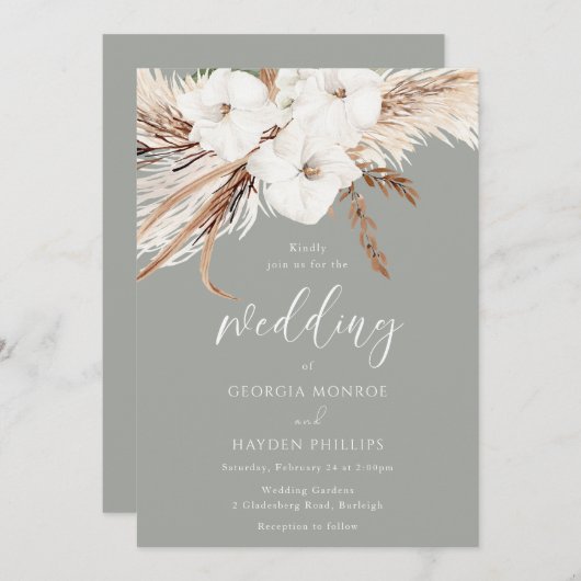 Bohemian Witte Bloemen Sage Groene Bruiloft Kaart (Voorkant / Achterkant)