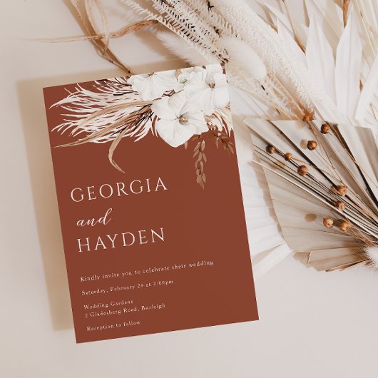 Bohemian Witte Bloemen & Terracotta Bruiloft Kaart