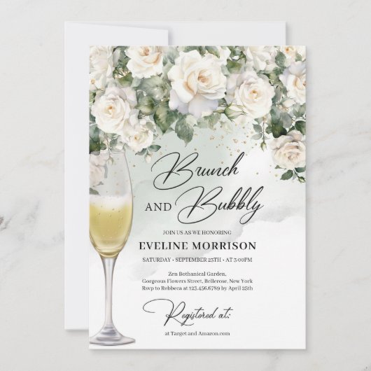 Bohemian witte rozen eucalyptus brunch en bubbels kaart (Voorkant)