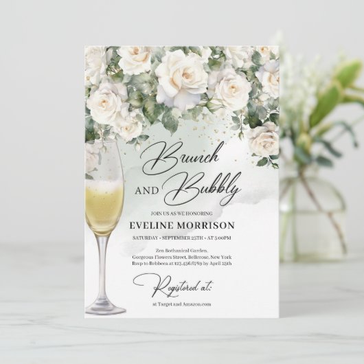Bohemian witte rozen eucalyptus brunch en bubbels kaart (Staand voorkant)