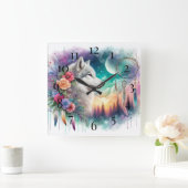 Bohemian Wolf en Dreamcatcher Vierkante Klok (Huis)