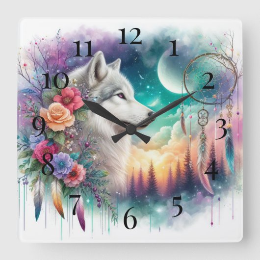 Bohemian Wolf en Dreamcatcher Vierkante Klok (Voorkant)