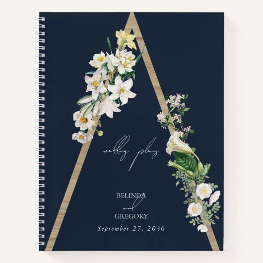 Bohemian Wood Pyramid Florals Blauwe Bruiloft Plan Notitieboek (Voorkant)