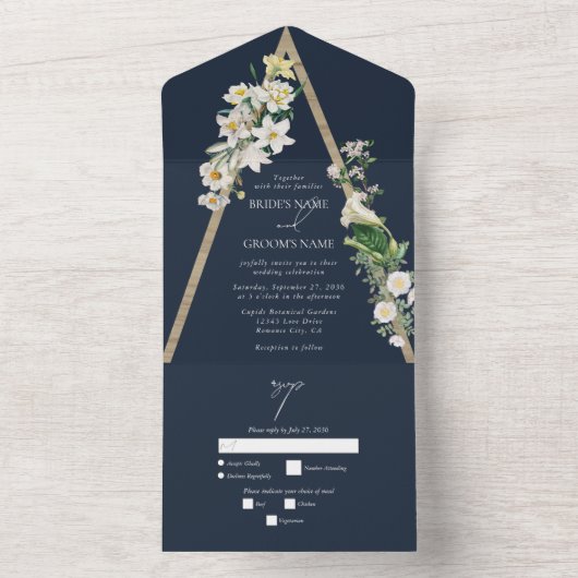 Bohemian Wood Pyramid Wit Bloemen Blauw Bruiloft All In One Uitnodiging (Binnen)