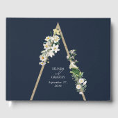 Bohemian Wood Pyramid Wit Bloemen Blauw Bruiloft Gastenboek (Voorkant)