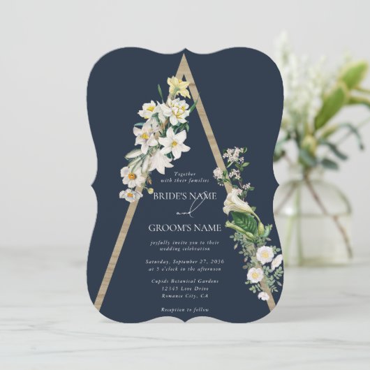 Bohemian Wood Pyramid Wit Bloemen Blauw Bruiloft Kaart (Staand voorkant)