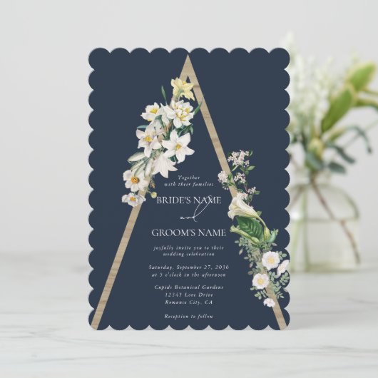 Bohemian Wood Pyramid Wit Bloemen Blauw Bruiloft Kaart (Staand voorkant)