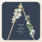 Bohemian Wood Pyramid Wit Bloemen Blauw Bruiloft Kartonnen Onderzetters (Voorkant)