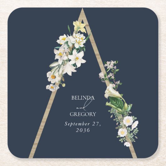 Bohemian Wood Pyramid Wit Bloemen Blauw Bruiloft Kartonnen Onderzetters (Voorkant)