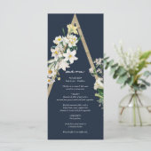 Bohemian Wood Pyramid Wit Bloemen Blauw Bruiloft Menu (Staand voorkant)