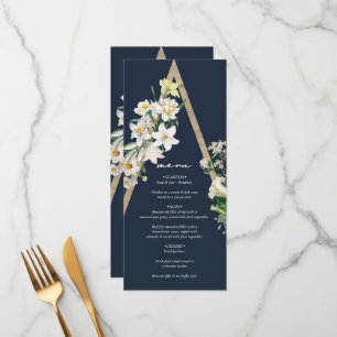 Bohemian Wood Pyramid Wit Bloemen Blauw Bruiloft Menu
