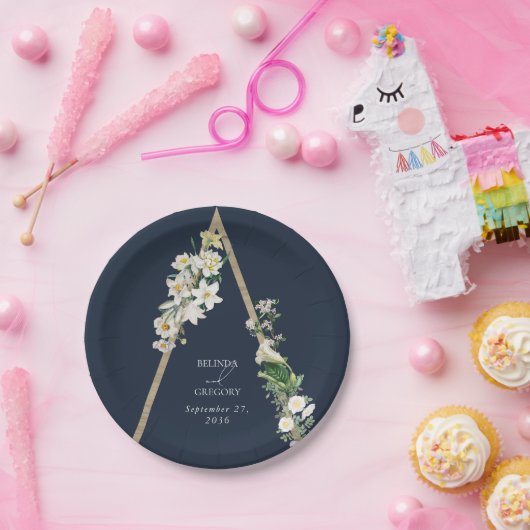 Bohemian Wood Pyramid Wit Bloemen Blauw Bruiloft Papieren Bordje (Feest)