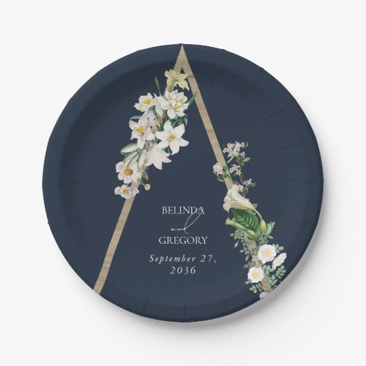 Bohemian Wood Pyramid Wit Bloemen Blauw Bruiloft Papieren Bordje (Voorkant)