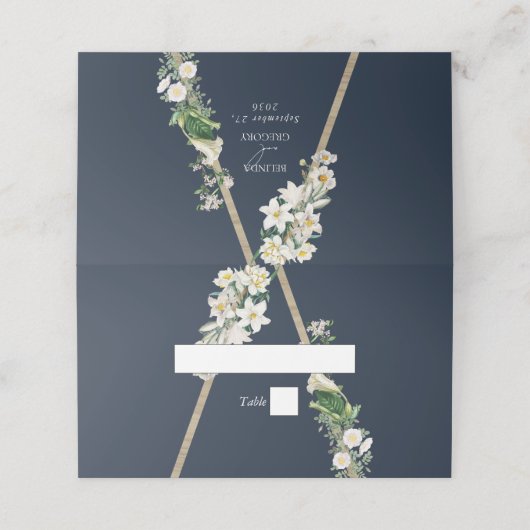 Bohemian Wood Pyramid Wit Bloemen Blauw Bruiloft Plaatskaartje (Buitenkant ongevouwen)