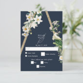 Bohemian Wood Pyramid Wit Bloemen Blauw Bruiloft RSVP Kaartje (Staand voorkant)