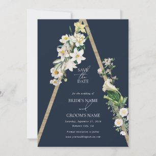 Bohemian Wood Pyramid Wit Bloemen Blauw Bruiloft Save The Date