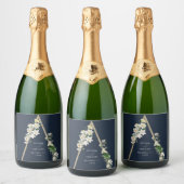 Bohemian Wood Pyramid Wit Bloemen Blauw Bruiloft Sparkling Wijnetiket (Flessen)