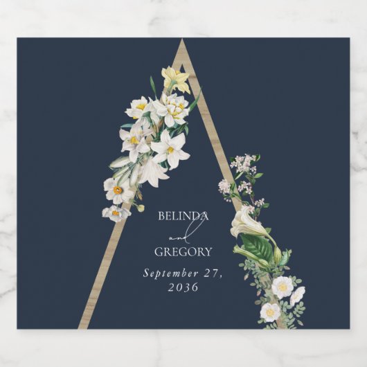 Bohemian Wood Pyramid Wit Bloemen Blauw Bruiloft Sparkling Wijnetiket (Enkel label)
