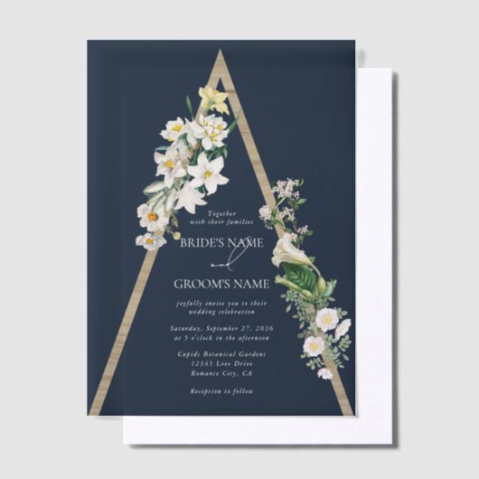 Bohemian Wood Pyramid Wit Bloemen Blauw Bruiloft Vellum Uitnodigingen (Offset)