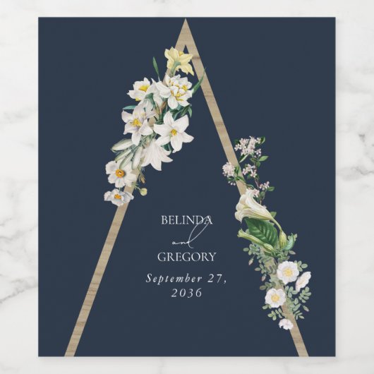 Bohemian Wood Pyramid Wit Bloemen Blauw Bruiloft Wijn Etiket (Enkel label)