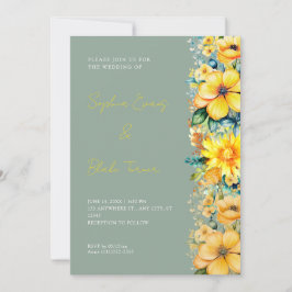 Bohemian Yellow Floral Green Wedding Kaart