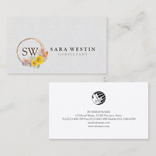 Bohemian Zonnebloemen Monogram Bruiloft Consultant Visitekaartje (Voorkant / Achterkant)