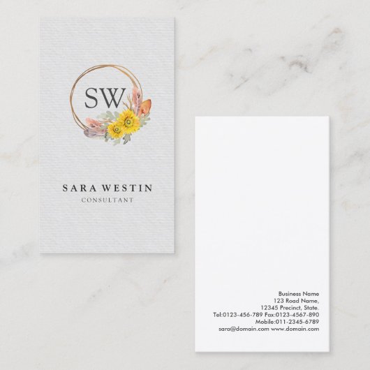 Bohemian Zonnebloemen Monogram Consultant Visitekaartje (Voorkant / Achterkant)