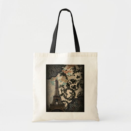 Bohemian zwart bloemenkant Paris Eiffeltoren Tote Bag (Voorkant)