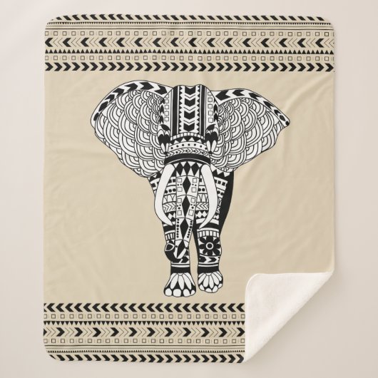 Bohemian Zwart & Wit Tribal Olifant Sherpa Deken (Voorkant)