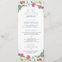 Bohemienblauw en roze Floral waterverf Weddenschap Menu