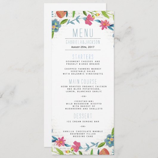 Bohemienblauw en roze Floral waterverf Weddenschap Menu (Voorkant / Achterkant)