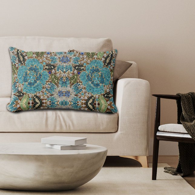 bohemiene girale zilverturkooizen blauwe bloem kussen (bohemian girly chic silver turquoise blue flower lumbar pillow)