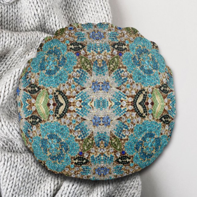 bohemiene girale zilverturkooizen blauwe bloem rond kussen (bohemian girly chic silver turquoise blue flower round pillow)