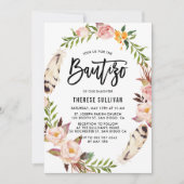 Bohemienveren en Blush Floral Wreath Bautizo Kaart (Voorkant)