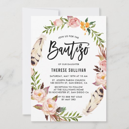 Bohemienveren en Blush Floral Wreath Bautizo Kaart (Voorkant)