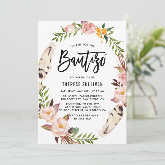 Bohemienveren en Blush Floral Wreath Bautizo Kaart (Staand voorkant)