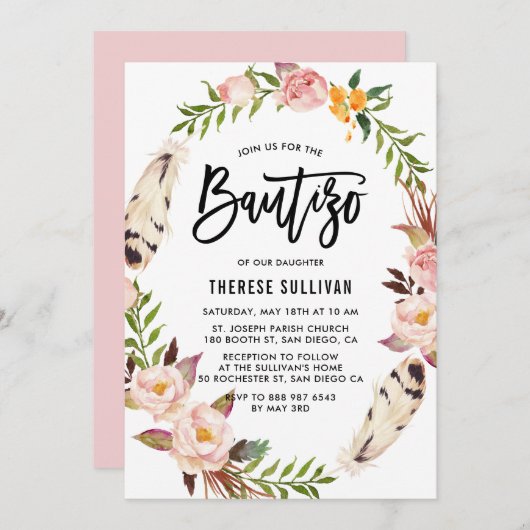 Bohemienveren en Blush Floral Wreath Bautizo Kaart (Voorkant / Achterkant)