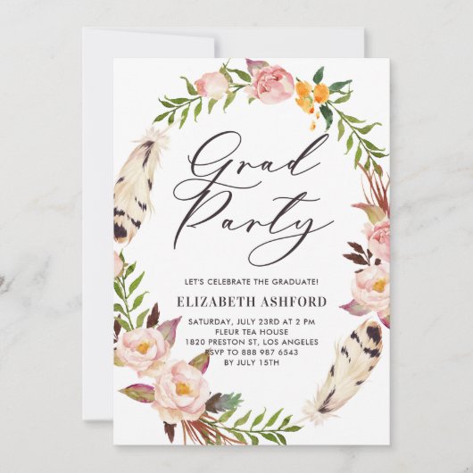 Bohemienveren en Floral Wreath Afstuderen Kaart (Voorkant)